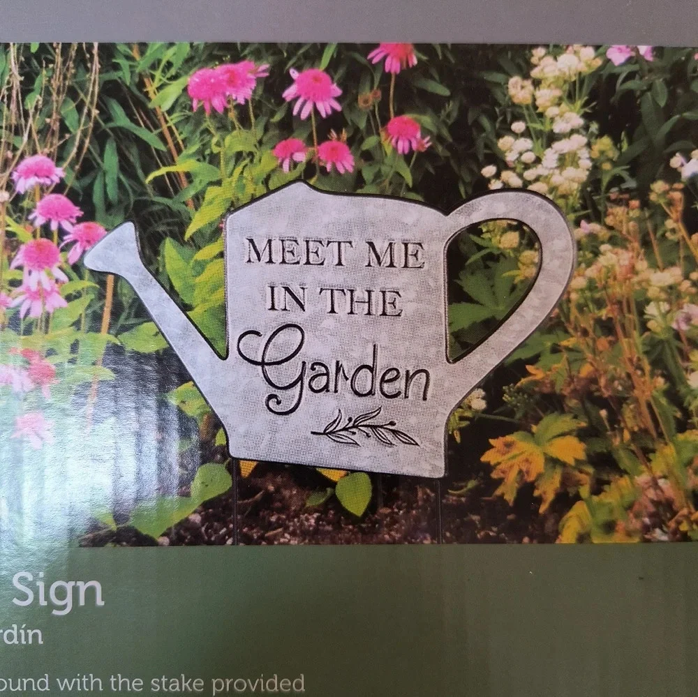 Shiny pink watering can wall sign Meet Me in the Garden home decor